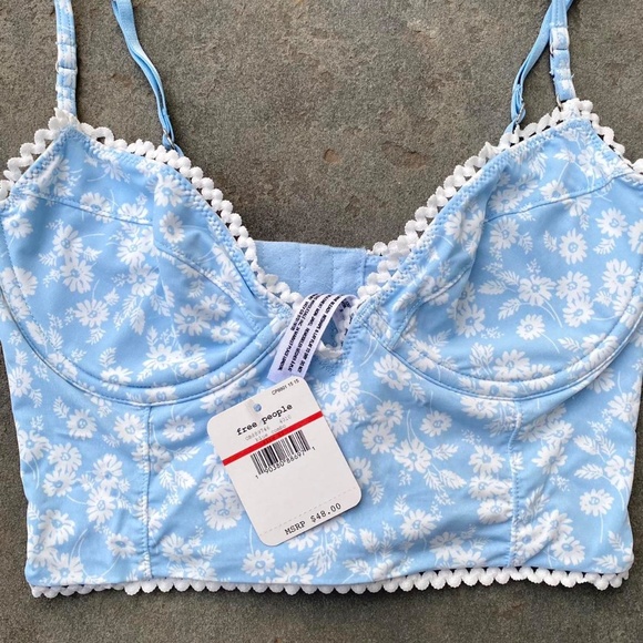 BNWT NEW Free People Intimate Lulu Floral Baby Blue White Longline Bralette - Picture 3 of 3